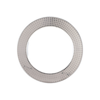 Shown from above on a white background, the Athena Platinum Dinnerware by Bernardaud is a round, silver-colored porcelain plate with a grid-patterned rim and plain center.