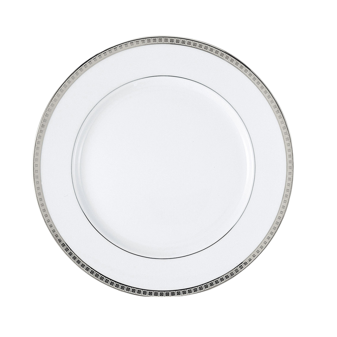 The Athena Platinum Dinnerware by Bernardaud is a white porcelain plate with a metallic silver geometric border on the rim, shown from above against a white background.