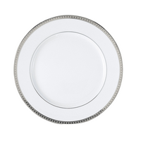 The Athena Platinum Dinnerware by Bernardaud is a white porcelain plate with a metallic silver geometric border on the rim, shown from above against a white background.