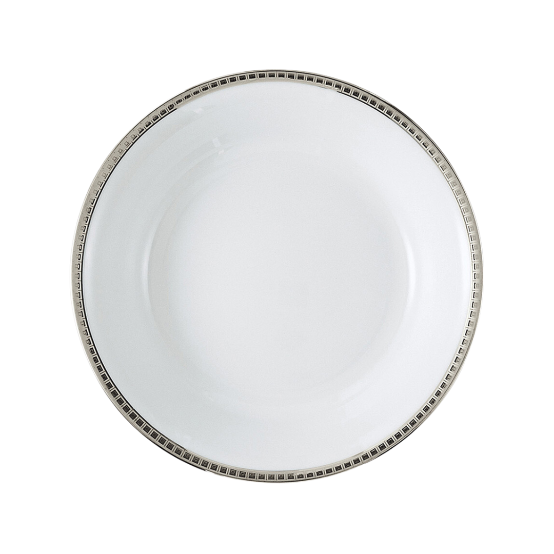 The Bernardaud Athena Platinum Dinnerware is a round white porcelain plate featuring a simple silver geometric rim, displayed against a white background.