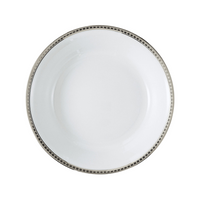 The Bernardaud Athena Platinum Dinnerware is a round white porcelain plate featuring a simple silver geometric rim, displayed against a white background.