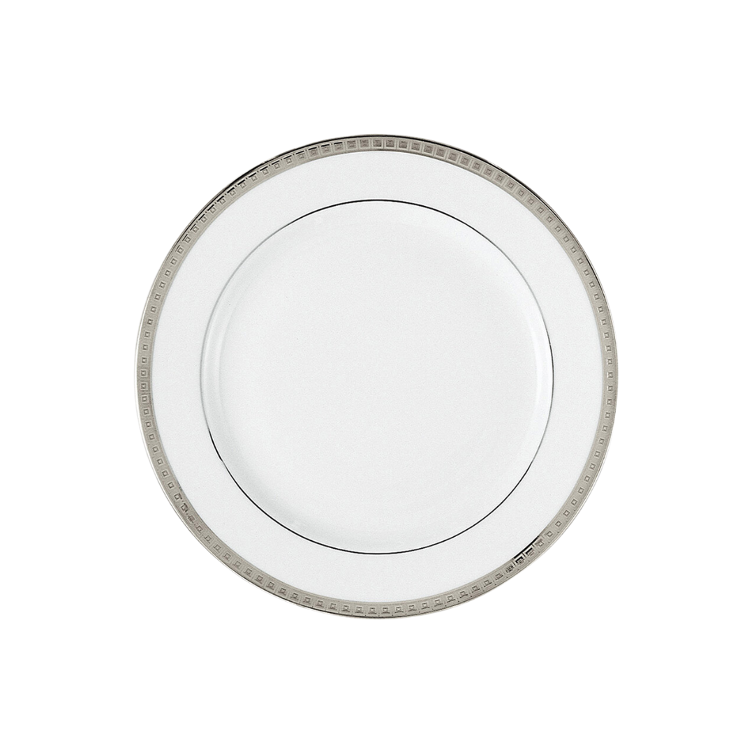 A Bernardaud Athena Platinum Dinnerware plate, crafted from white porcelain with a silver geometric rim, is shown from above against a plain white background.