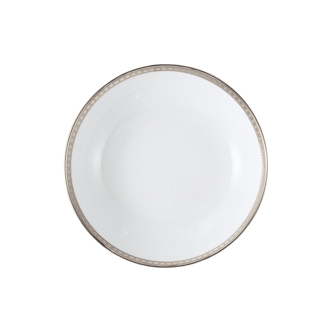 The Bernardaud Athena Platinum Dinnerware plate is round, white porcelain with a metallic silver geometric rim, displayed from above on a plain white background.