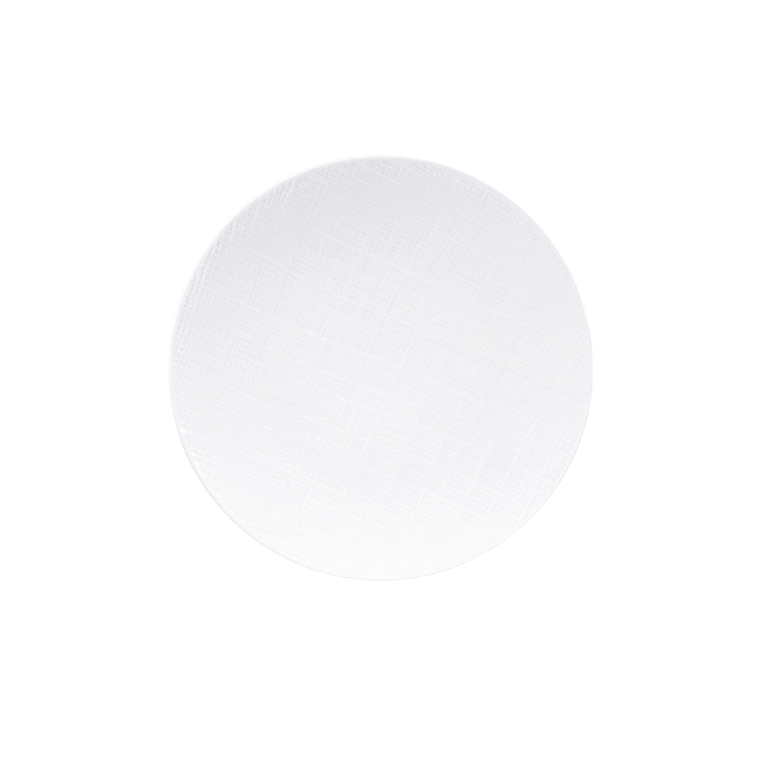 The Organza White Dinnerware by Bernardaud is a plain, round white plate with a subtle textured pattern, ideal for minimalist décor. Shown from the Limoges porcelain collection against a white background.