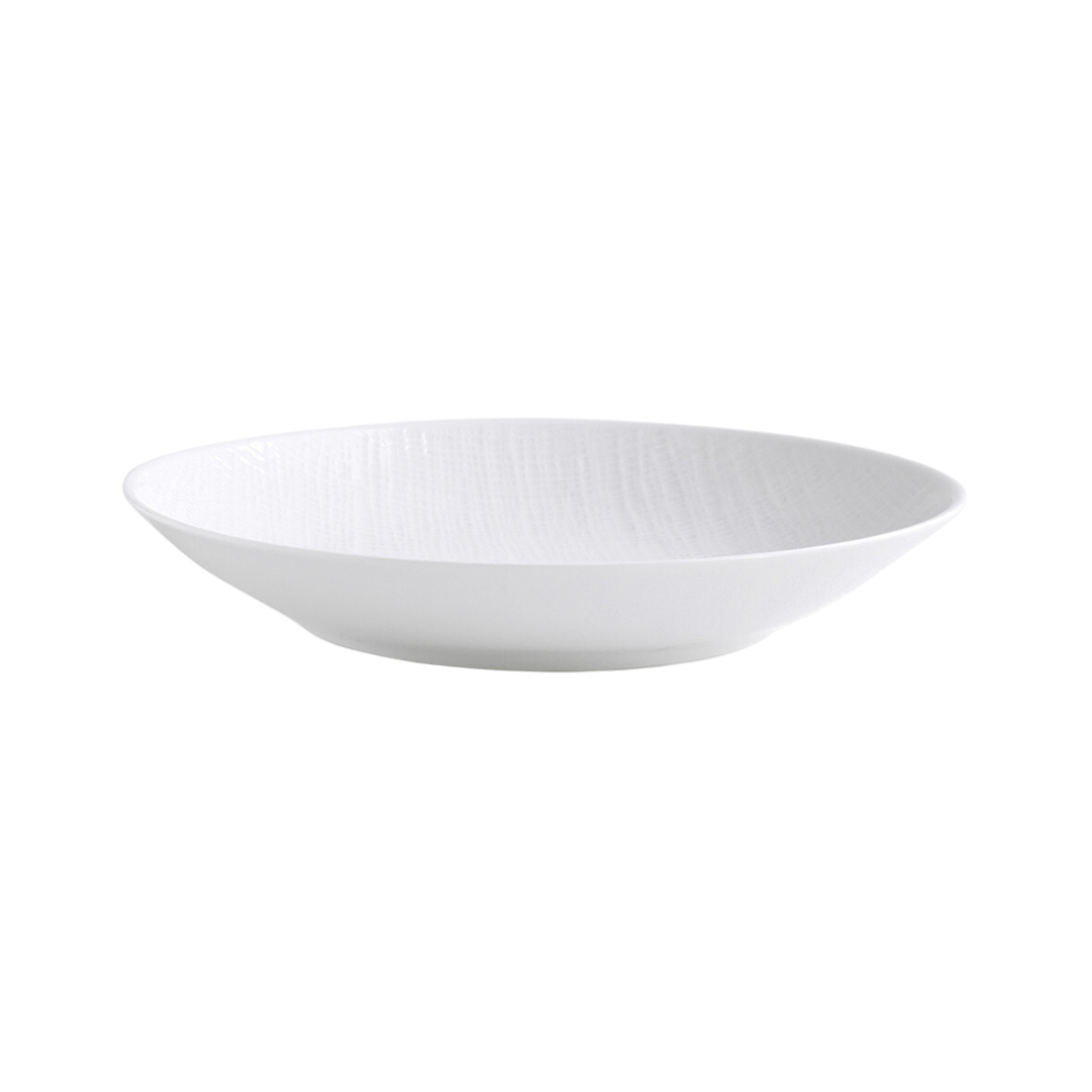 The Bernardaud Organza White Dinnerware plate—a shallow, plain ceramic piece—adds a minimalist touch to any décor; shown here against a white background.