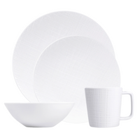 The Bernardaud Organza White Dinnerware set features a large plate, small plate, bowl, and mug with a subtle textured pattern—ideal for minimalist décor.
