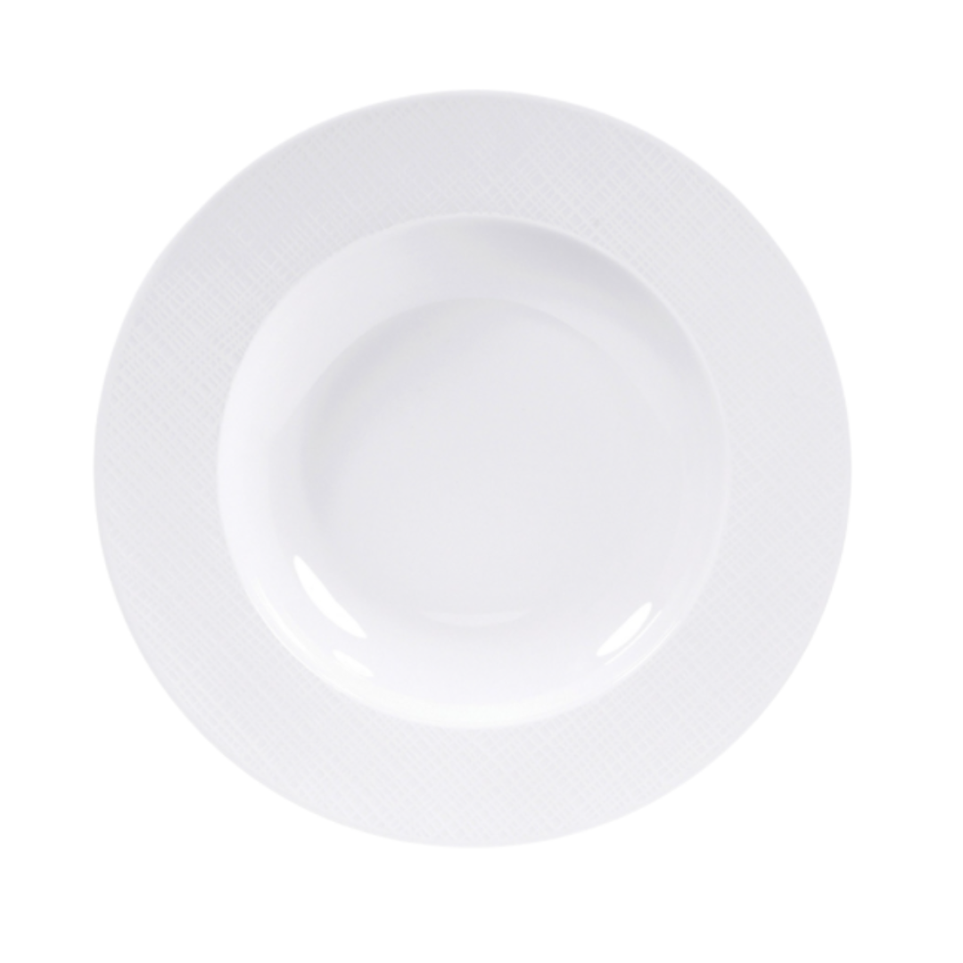 The Organza White Dinnerware by Bernardaud is a white, round porcelain plate with a slightly raised rim and subtle textured pattern, shown from above on a white background—ideal for minimalist décor.