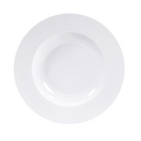 The Organza White Dinnerware by Bernardaud is a white, round porcelain plate with a slightly raised rim and subtle textured pattern, shown from above on a white background—ideal for minimalist décor.