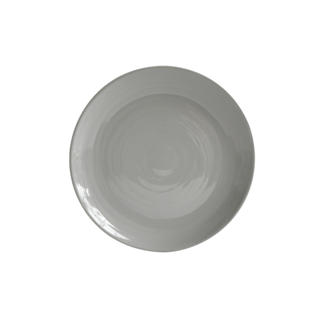 A round, light gray ceramic plate from Bernardaud's Origine Dinnerware Grey, photographed from above on a white background.