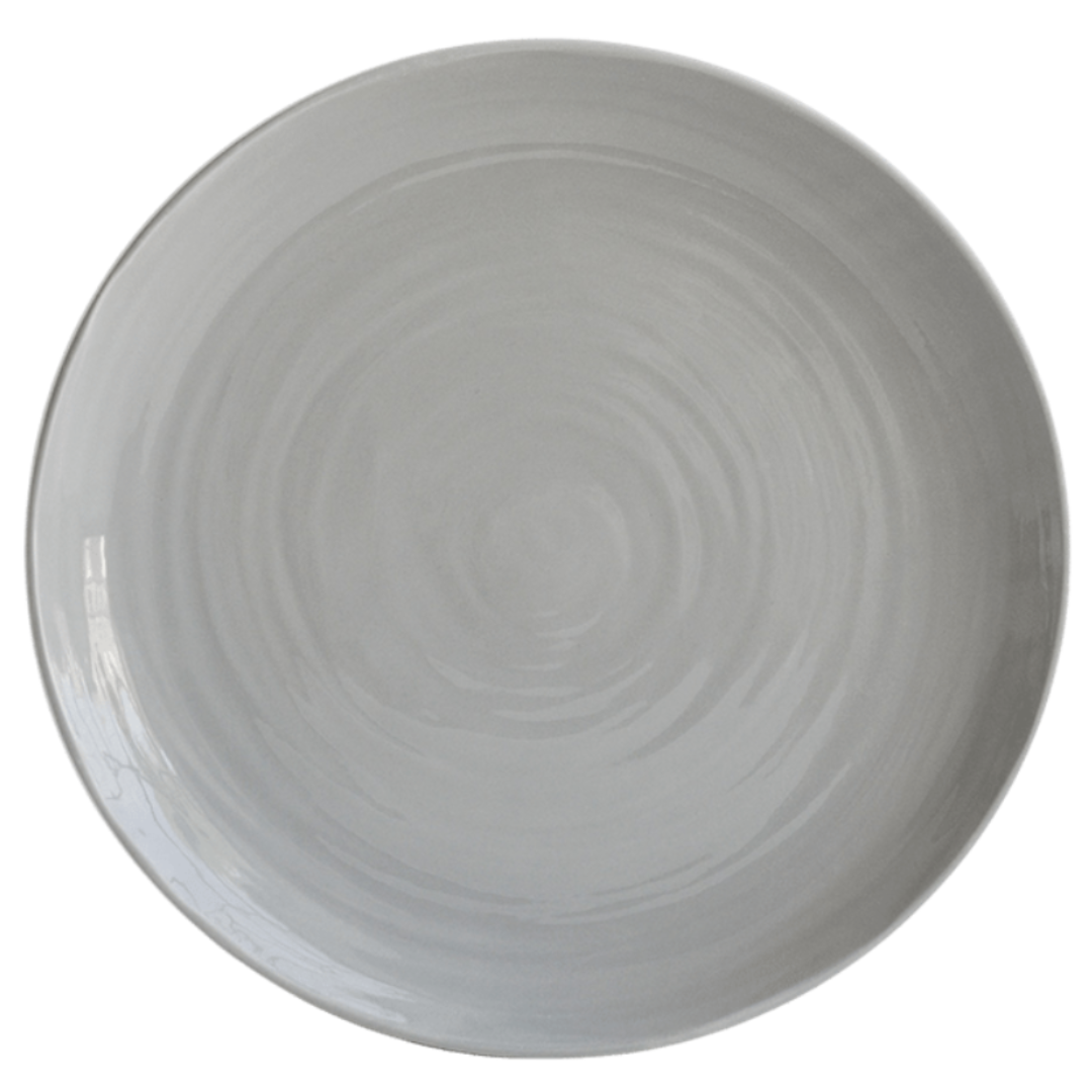 The Bernardaud Origine Dinnerware Grey plate is a round, light gray Limoges porcelain piece with a subtle circular pattern, shown from above on a white background.