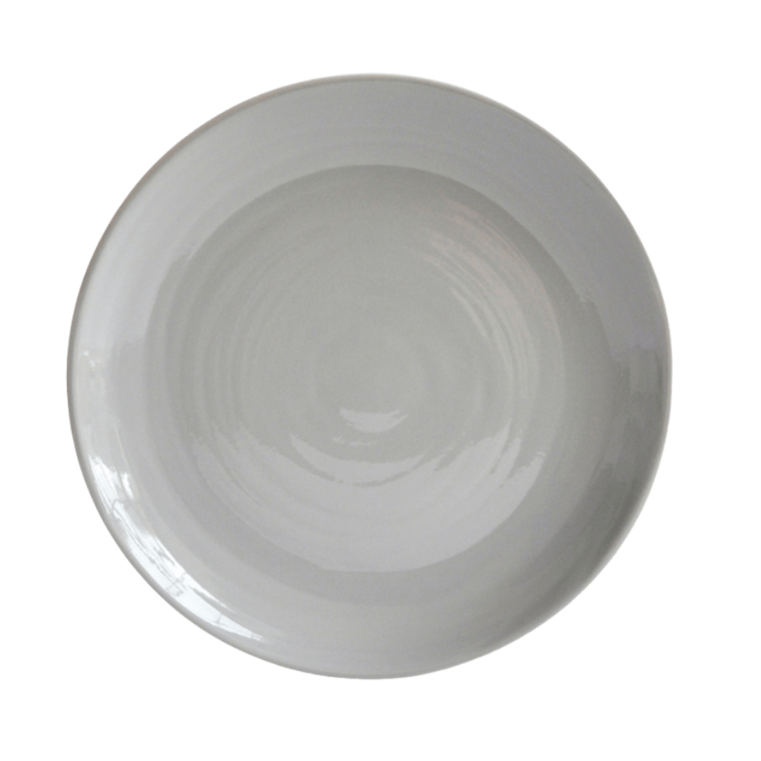 A plain, round, grey Limoges porcelain plate from the Bernardaud Origine Dinnerware Grey collection photographed from above on a white background.