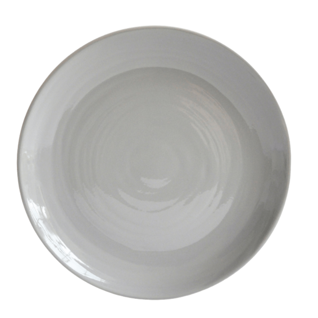 A plain, round, grey ceramic plate from the Origine Dinnerware Grey collection by Bernardaud is photographed from above on a white background, showcasing the timeless elegance of Bernardaud dinnerware.
