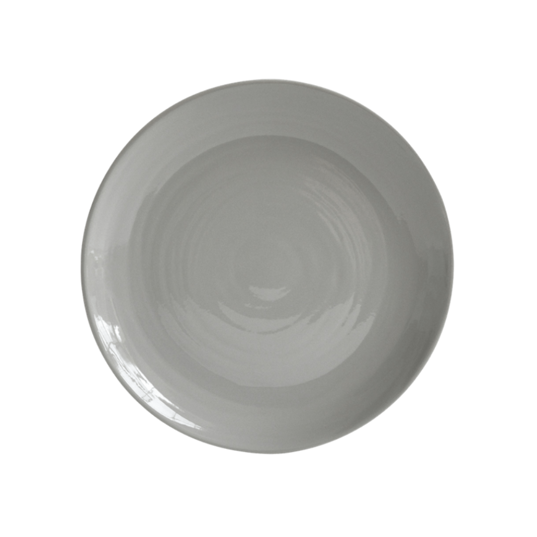 A plain, round, light gray ceramic plate from the Bernardaud Origine Dinnerware Grey collection is shown from above on a white background.