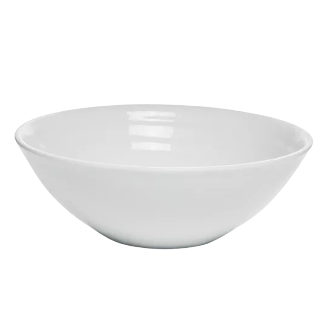 The Bernardaud Origine Dinnerware White bowl features a plain, round design with smooth sides and a wide rim, crafted from fine Limoges porcelain.