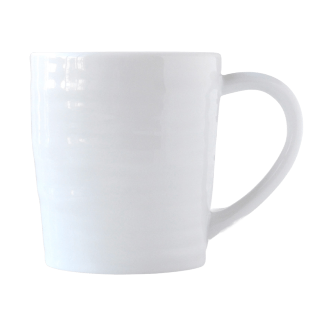 The Bernardaud Origine Dinnerware White mug is a plain white Limoges porcelain coffee cup with a handle, ideal for enhancing your dinnerware collection.