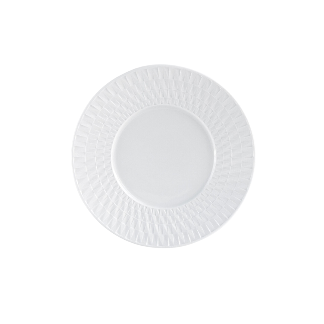 The Bernardaud Twist White Dinnerware plate, round and white with a textured geometric rim, is shown from above on a plain white background.