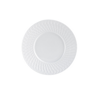 The Bernardaud Twist White Dinnerware plate, round and white with a textured geometric rim, is shown from above on a plain white background.
