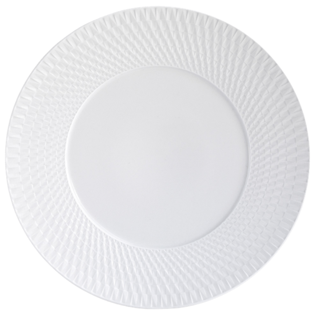 The Bernardaud Twist White Dinnerware is a white, round ceramic plate with a textured geometric rim, shown from above on a white background—ideal for fans of elegant design and the Bernardaud brand.