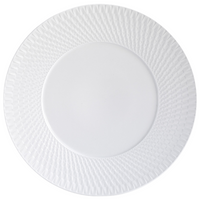 The Bernardaud Twist White Dinnerware is a white, round ceramic plate with a textured geometric rim, shown from above on a white background—ideal for fans of elegant design and the Bernardaud brand.