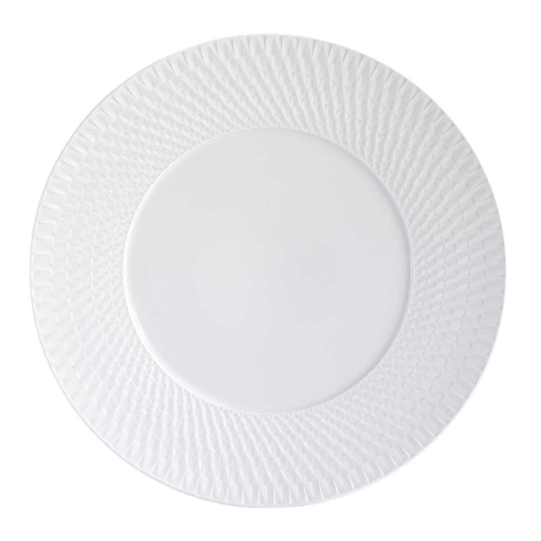 A round white plate from the Twist White Dinnerware collection by Bernardaud features a textured geometric rim, photographed from above against a white background—an elegant example of fine porcelain craftsmanship.