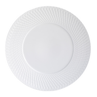 A round white plate from the Twist White Dinnerware collection by Bernardaud features a textured geometric rim, photographed from above against a white background—an elegant example of fine porcelain craftsmanship.