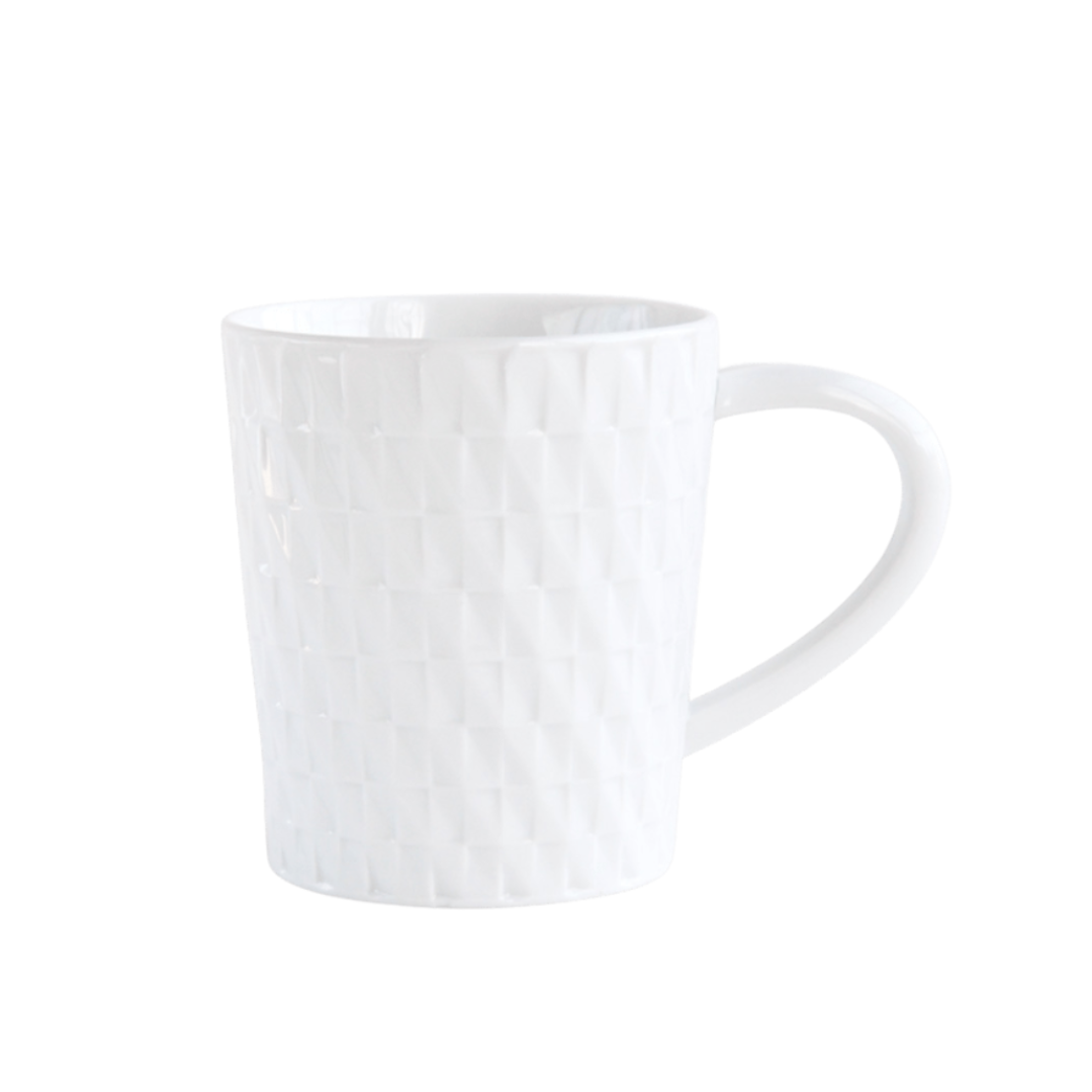The Bernardaud Twist White Dinnerware mug features a textured, geometric pattern and a curved handle, shown against a plain white background.