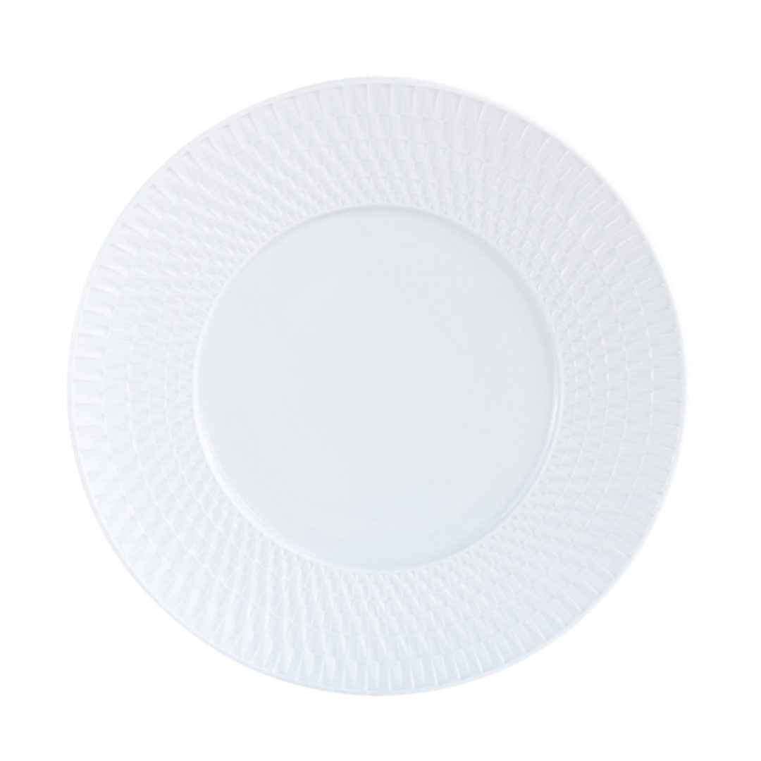 The Bernardaud Twist White Dinnerware plate features a round, white Limoges porcelain design with a geometric textured rim and a smooth, unadorned center, shown from above on a white background.