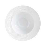 The Bernardaud Twist White Dinnerware features a white, round plate with a textured, geometric-patterned rim, photographed from above on a white background.