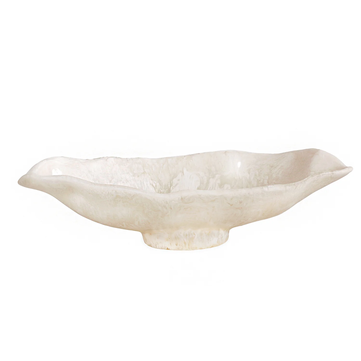 The Beatriz Ball Resin Alabaster Oval Bowl features a marbled texture and gently wavy edges, creating a unique tableware accent shown against a plain white background.