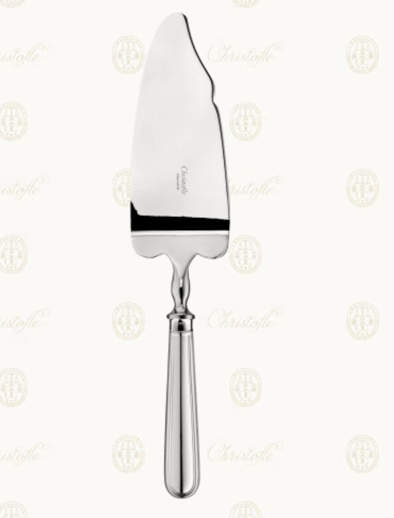 A silver-plated cake server from the Christofle Albi Serving Pieces collection, featuring a rounded handle and flat blade, is elegantly displayed on a background with subtle Christofle logos.