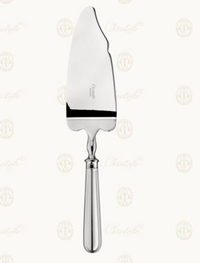 A silver-plated cake server from the Christofle Albi Serving Pieces collection, featuring a rounded handle and flat blade, is elegantly displayed on a background with subtle Christofle logos.