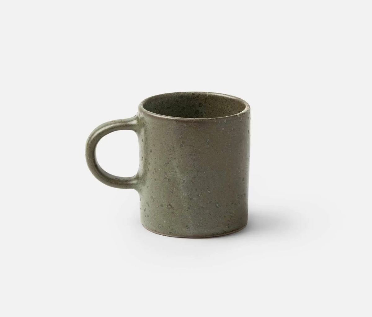 The Marcus Gray Salt Dinnerware Set of 4 by Blue Pheasant includes a rustic, speckled olive-green ceramic mug with a C-shaped handle—an artisanal piece ideal for any modern table setting.
