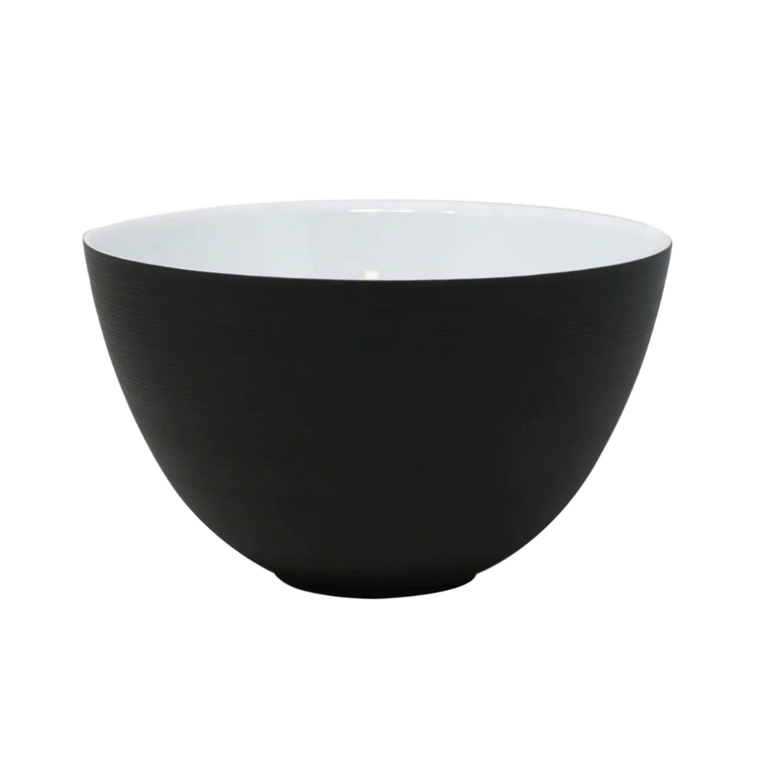 The JL Coquet Hemisphere Dinnerware Bakelite Black round bowl features a matte black exterior and glossy white interior, displayed against a plain white background.