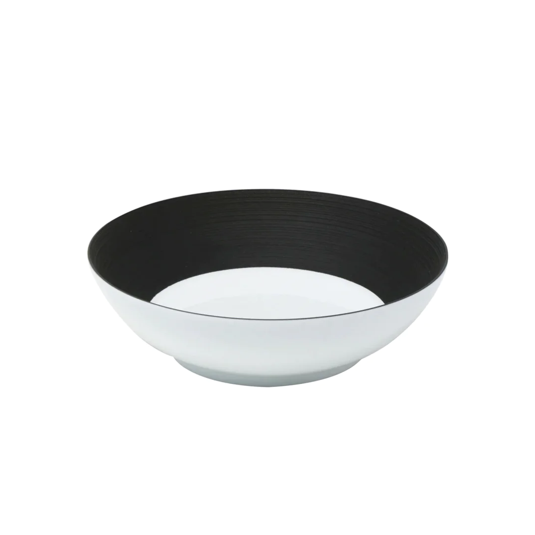 The JL Coquet Hemisphere Dinnerware Bakelite Black bowl features a white base and bold black inner rim and sides. Shown empty against a plain white background.