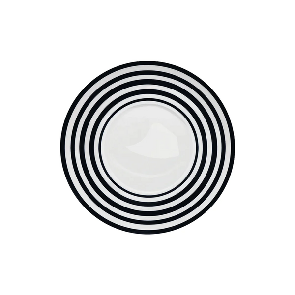 The JL Coquet Hemisphere Bakelite Black Stripes Salad Plate features bold, evenly spaced black stripes forming concentric circles on a round white surface, inspired by Bakélite dinnerware, shown from above on a plain white background.