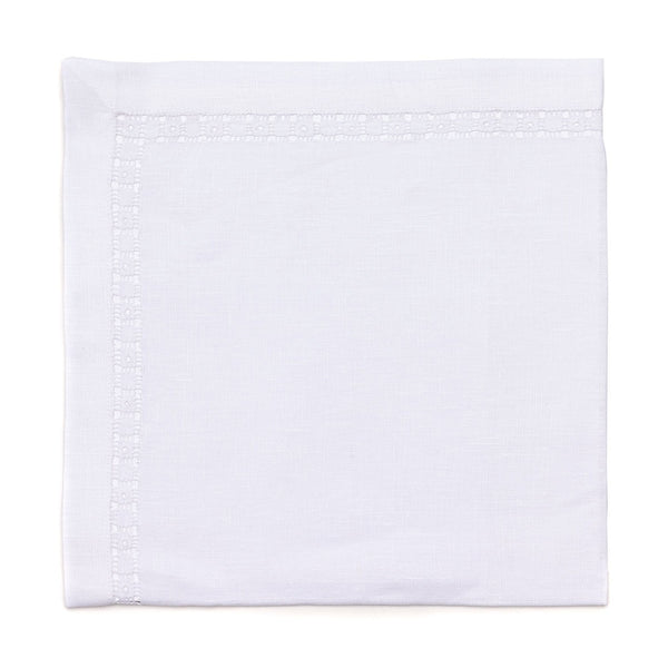 The Deborah Rhodes Embroidered Heirloom Napkin Set of 4 features elegantly folded white linen napkins with subtle border detailing, perfect for elevating any table setting.