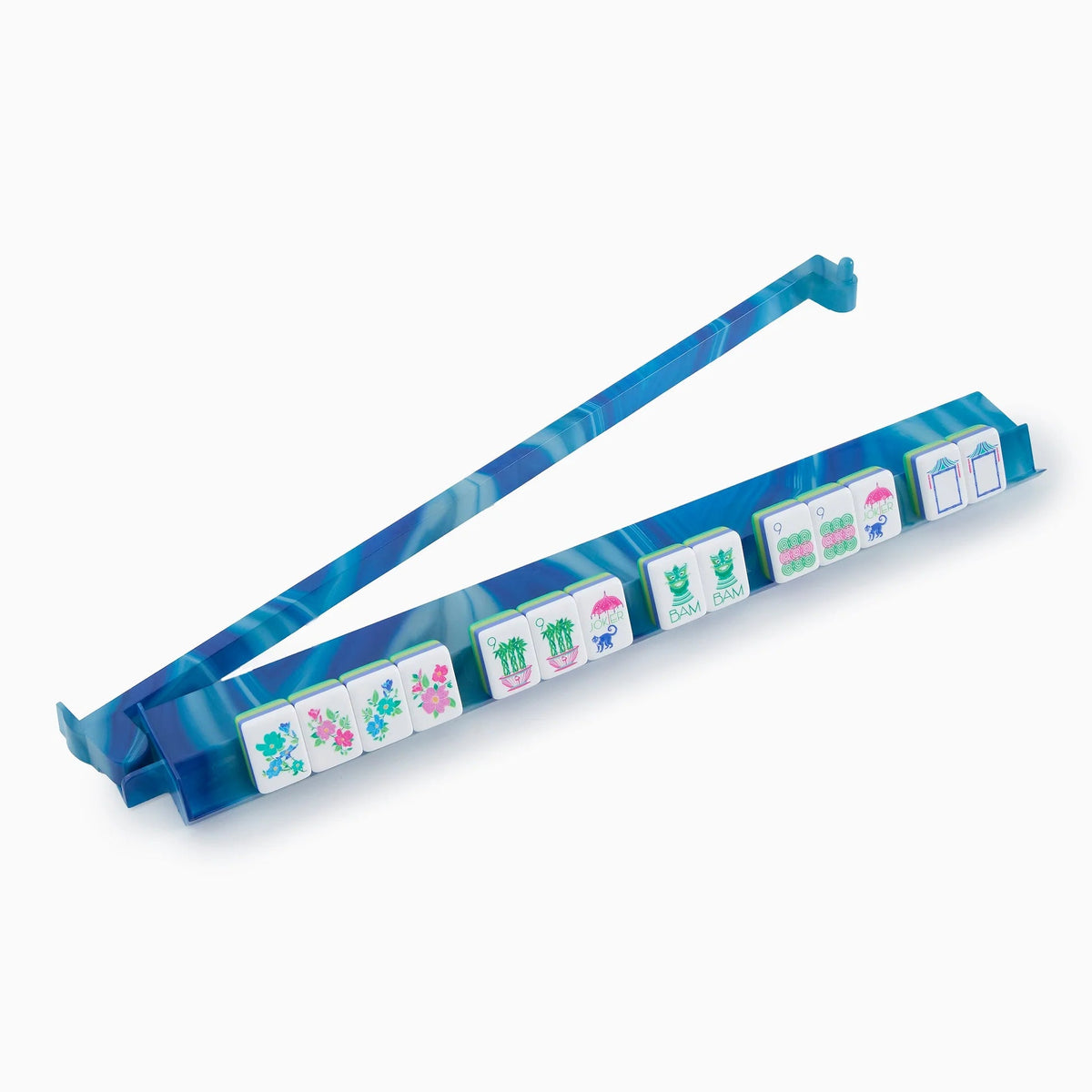The Mahjong Rack & Pusher Set - Blue Lace Agate by Oh My Mahjong features a striking blue marbled acrylic rack that elegantly holds vibrant Mahjong tiles, with a coordinating blue pusher resting on top. This sophisticated set beautifully displays tiles adorned with intricate floral and symbolic designs, making it a stunning addition to any game night.