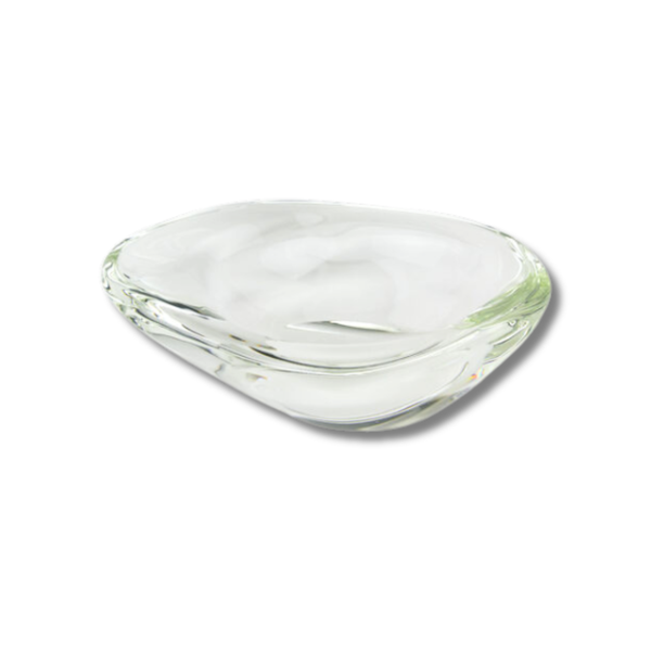 The Tizo Free Form Glass Bowl features a smooth, rounded triangular shape in clear glass—an ideal sculptural accent for contemporary decor.