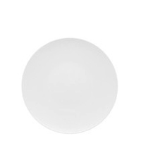 A round, white ceramic plate from the Loft Everyday White Dinnerware by Thomas For Rosenthal is shown from above on a white background, showcasing elegant modern dinnerware.