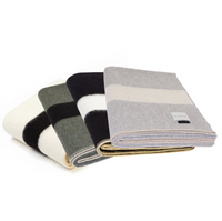 Four neatly folded Siempre Recycled Alpaca Throw blankets by Blacksaw—in white, green with black stripe, black with white stripe, and light gray with beige stripe—are arranged in a row on a white background.