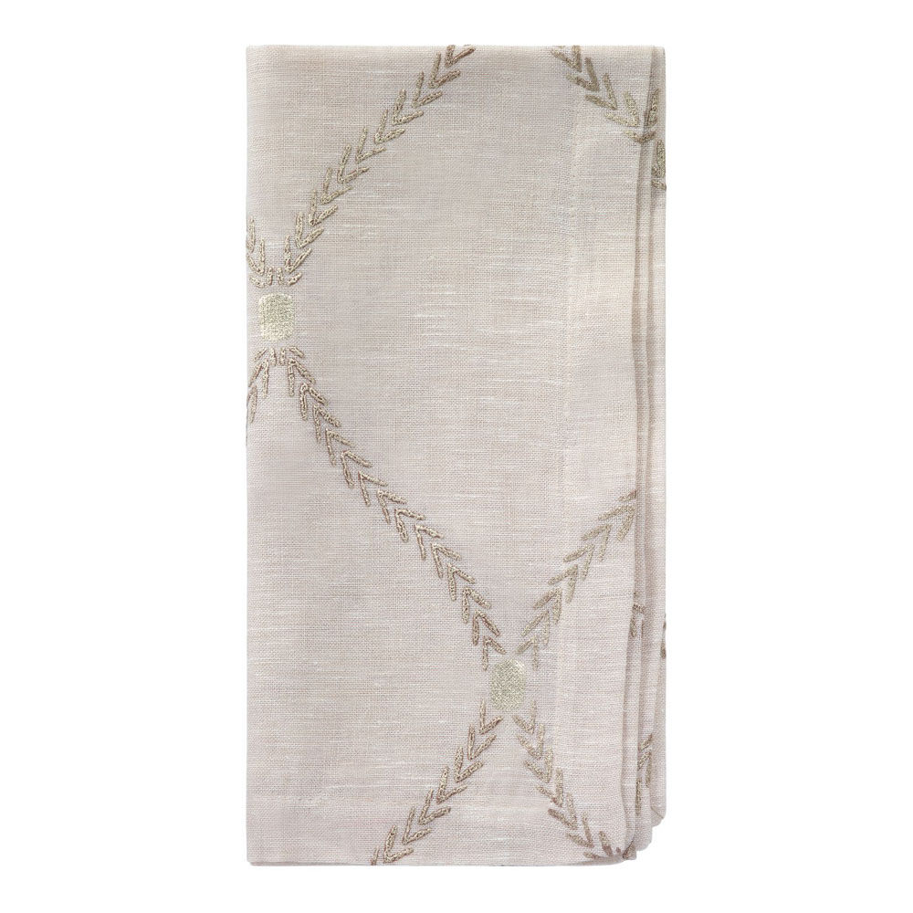 The Bodrum Regent Napkin Tan Set of 4 features elegant folded napkins in light beige with a subtle embroidered pattern of intersecting lines and laurel leaf motifs, perfect for pairing with embroidered placemats.