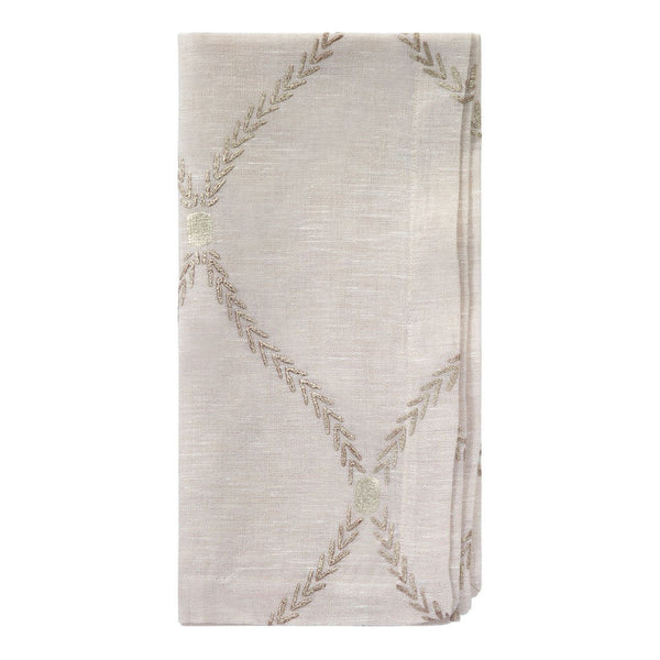 The Bodrum Regent Napkin Tan Set of 4 features elegant folded napkins in light beige with a subtle embroidered pattern of intersecting lines and laurel leaf motifs, perfect for pairing with embroidered placemats.
