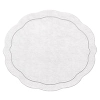 The Kim Seybert Tailored Placemat Set of 4 in Silver features round faux leather mats with a subtle textured pattern, scalloped edges, and a double-lined border near the edge.