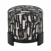 The Sagebrook Home Abstract Round Ottoman showcases a black and white graphic fabric and sleek black wooden base, adding modern style to any room. Photographed against a white background.
