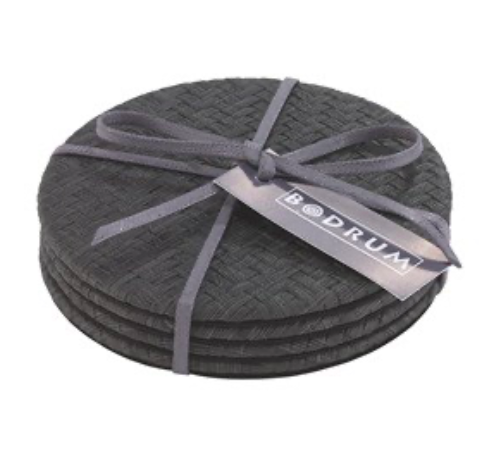 The Wicker Easy Care Coaster Set by Bodrum features four round, dark wicker coasters stacked and tied with a gray ribbon, complete with a rectangular “Bodrum” tag.