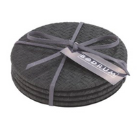 The Wicker Easy Care Coaster Set by Bodrum features four round, dark wicker coasters stacked and tied with a gray ribbon, complete with a rectangular “Bodrum” tag.