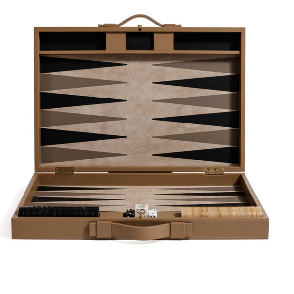 An open Gene Leather Backgammon - Taupe case by Zodax displays the luxurious game board with black and white checkers, dice, and a doubling cube all neatly arranged inside.
