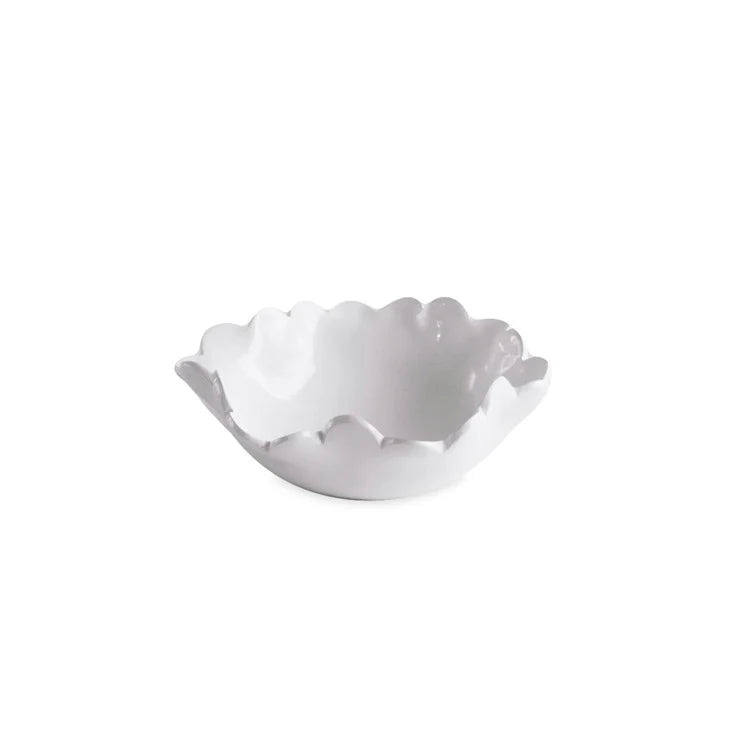 Elevate your dip bowls set or collection of durable mini bowls with the Beatriz Ball Vida Colette Melamine Mini Bowl Set of 4 in White, featuring a wavy, scalloped edge and an elegant design—beautifully showcased on a plain white background.
