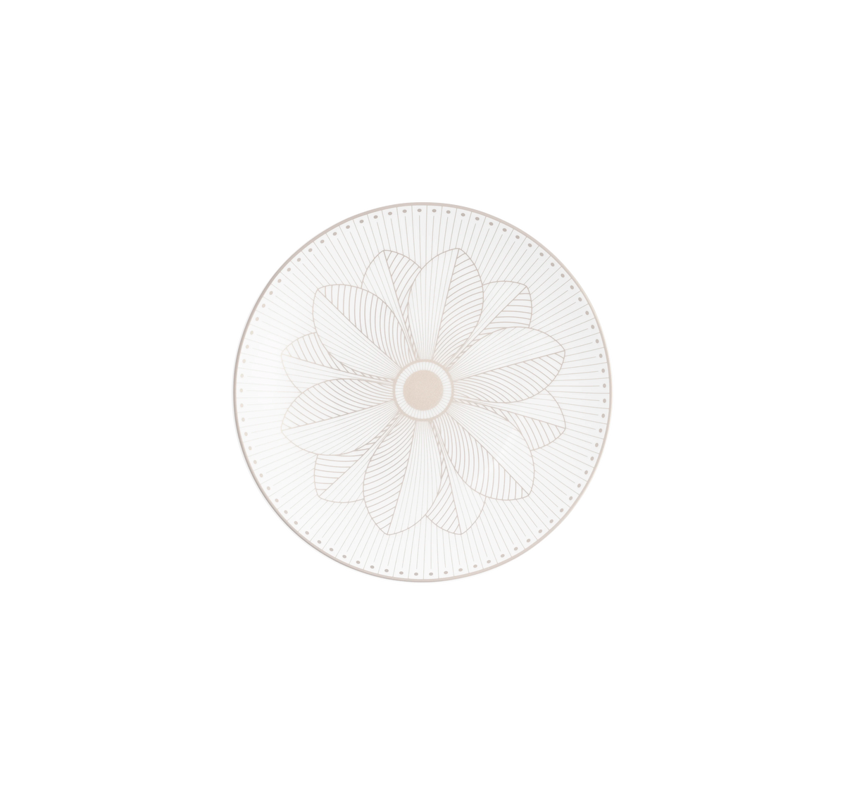 A Malmaison Imperiale Porcelain Dinnerware Platinum round plate by Christofle, viewed from above against a plain white background, features a delicate and symmetrical floral motif in light beige lines on white porcelain, accented with subtle platinum detailing.