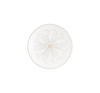 A Malmaison Imperiale Porcelain Dinnerware Platinum round plate by Christofle, viewed from above against a plain white background, features a delicate and symmetrical floral motif in light beige lines on white porcelain, accented with subtle platinum detailing.